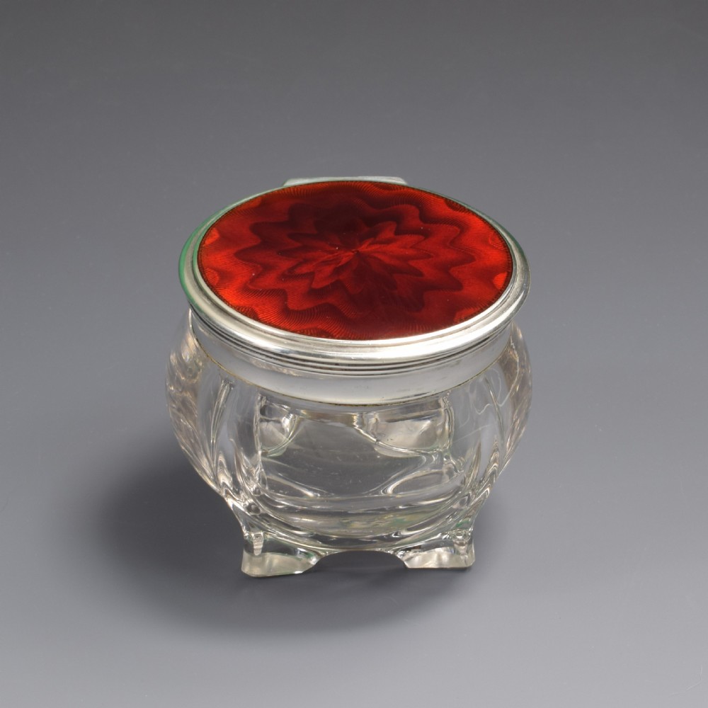 Fine Austrian Red Guilloche Enamel Silver & Cut Glass Jar Georg Adam Scheid c.1900 View II