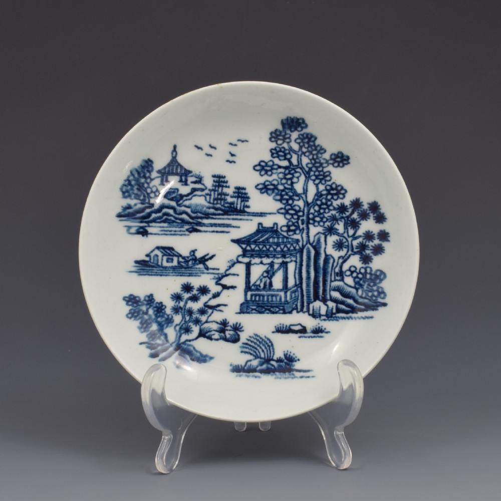First Period Worcester Porcelain Tea & Coffee Trio The Man In The Pavilion Pattern c.1760 View II