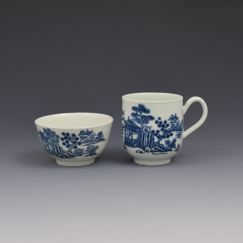 First Period Worcester Porcelain Tea & Coffee Trio The Man In The Pavilion Pattern c.1760 View III