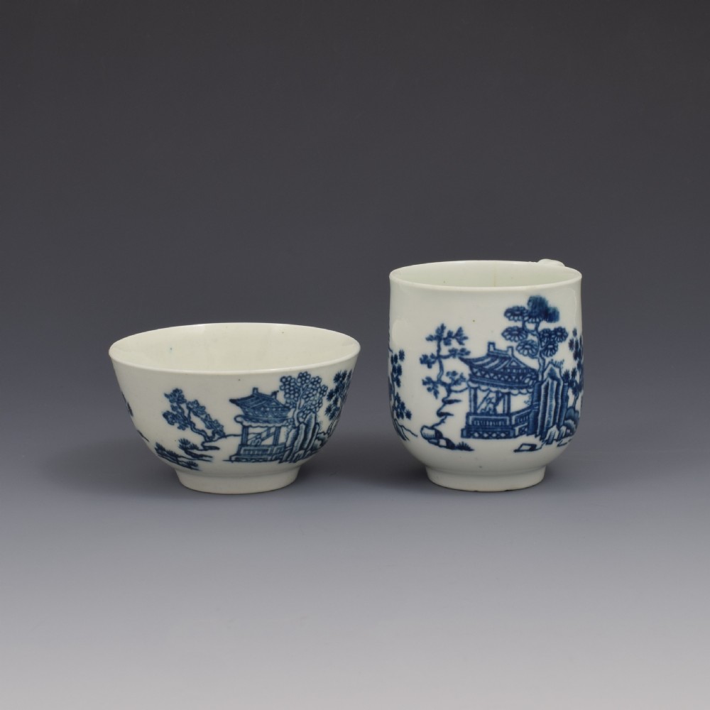 First Period Worcester Porcelain Tea & Coffee Trio The Man In The Pavilion Pattern c.1760 View IV