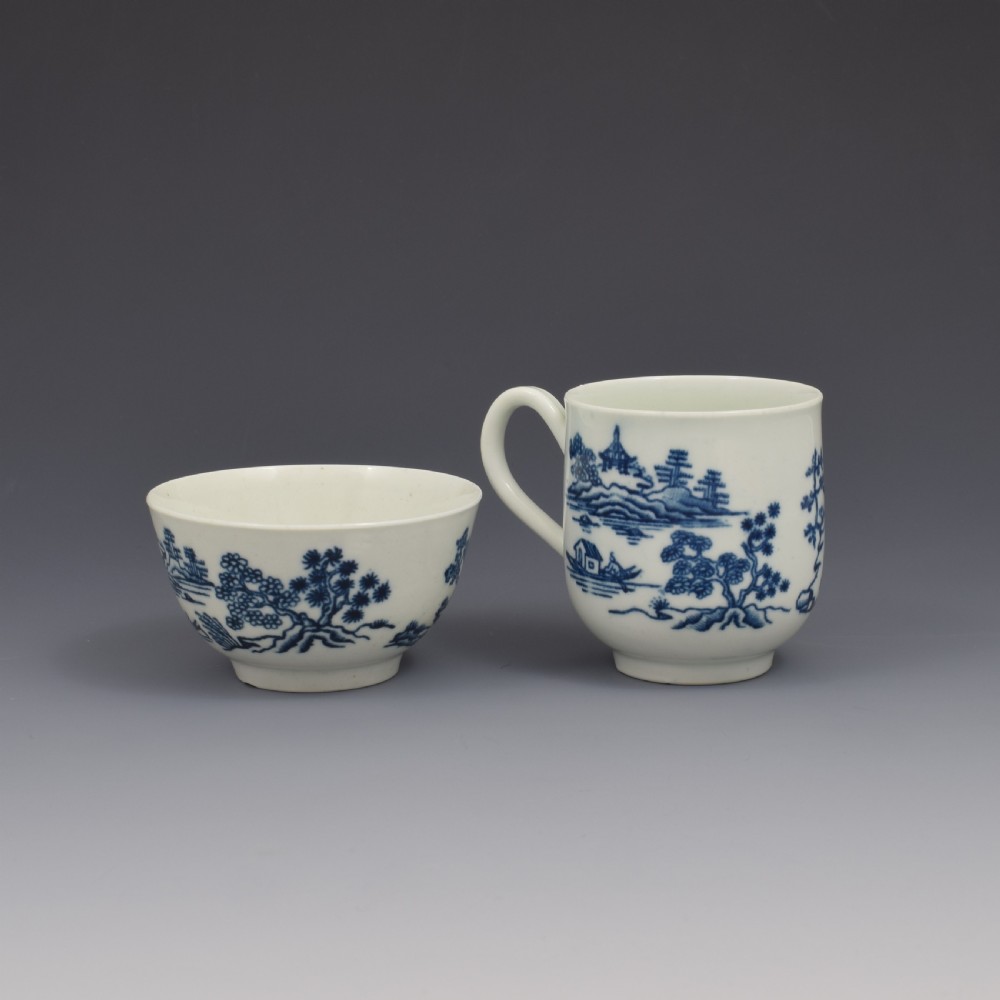 First Period Worcester Porcelain Tea & Coffee Trio The Man In The Pavilion Pattern c.1760 View V
