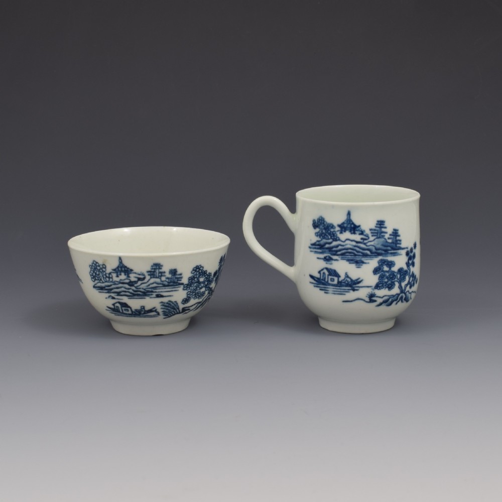 First Period Worcester Porcelain Tea & Coffee Trio The Man In The Pavilion Pattern c.1760 View VI