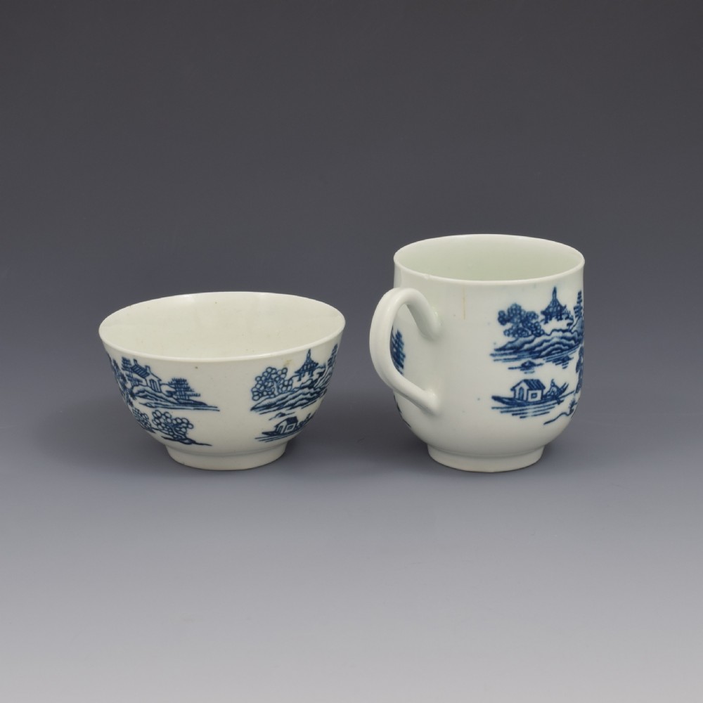 First Period Worcester Porcelain Tea & Coffee Trio The Man In The Pavilion Pattern c.1760 View VII