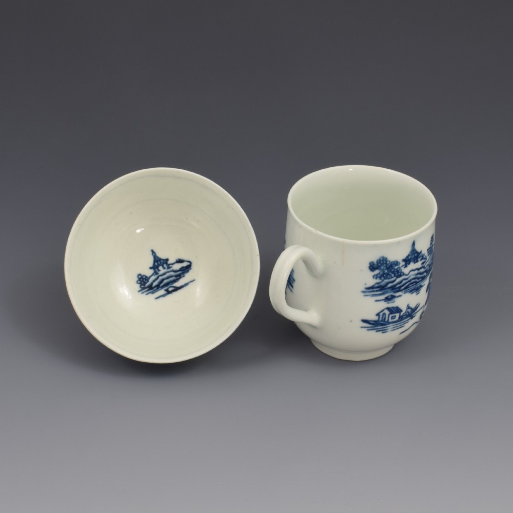 First Period Worcester Porcelain Tea & Coffee Trio The Man In The Pavilion Pattern c.1760 View VIII
