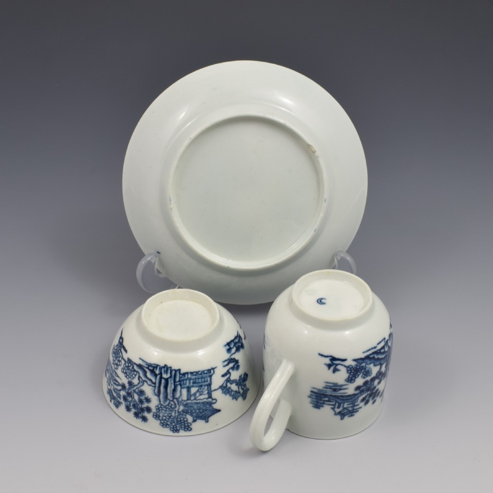 First Period Worcester Porcelain Tea & Coffee Trio The Man In The Pavilion Pattern c.1760 View IX