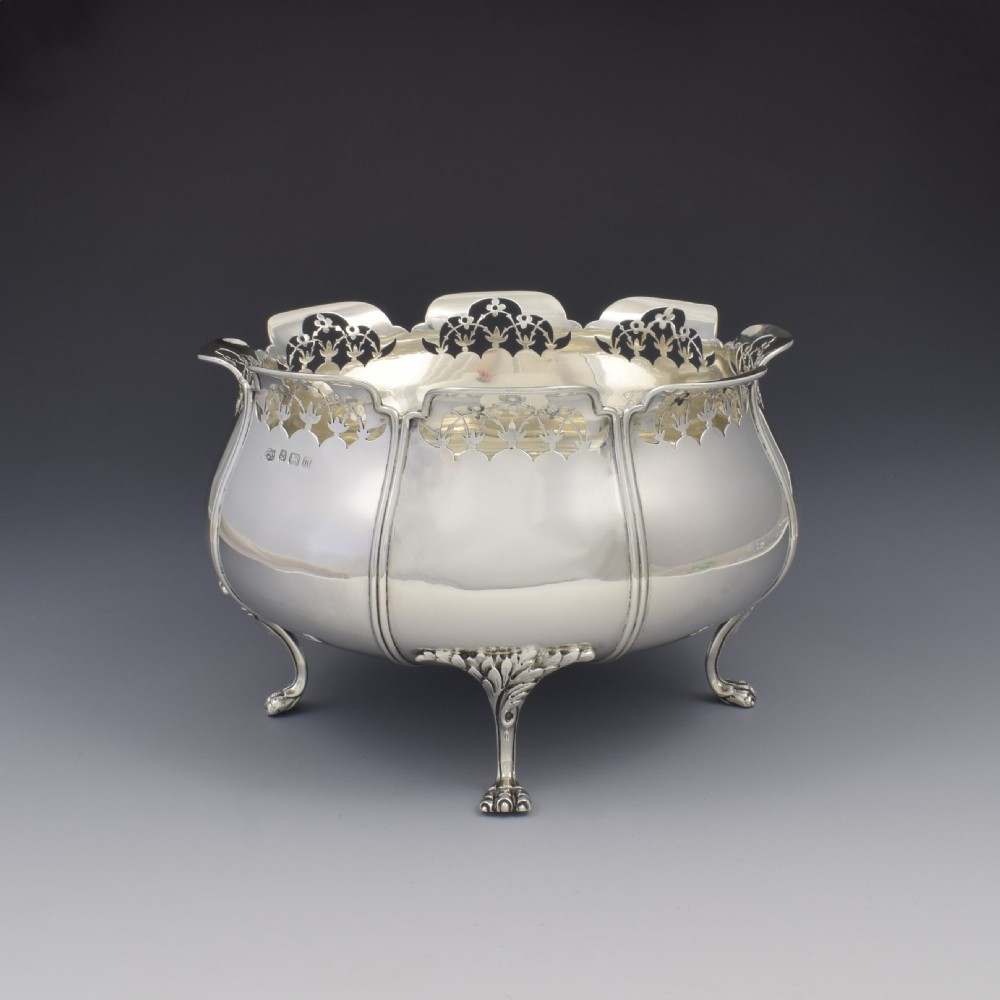 Fine Large Art Nouveau Silver Table Bowl Pierced Rim Lion Paw Feet