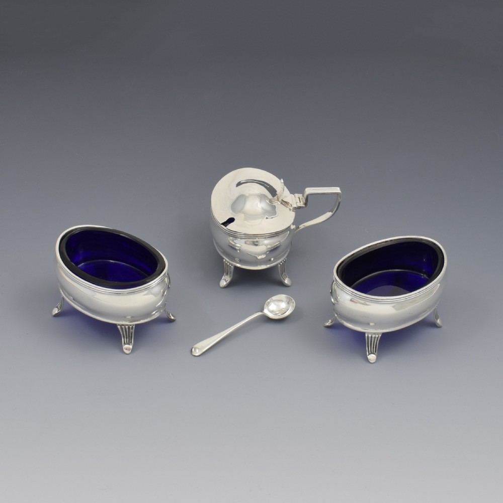 Edwardian Three Piece Silver Cruet / Condiment Set Mustard Pot & Salts 