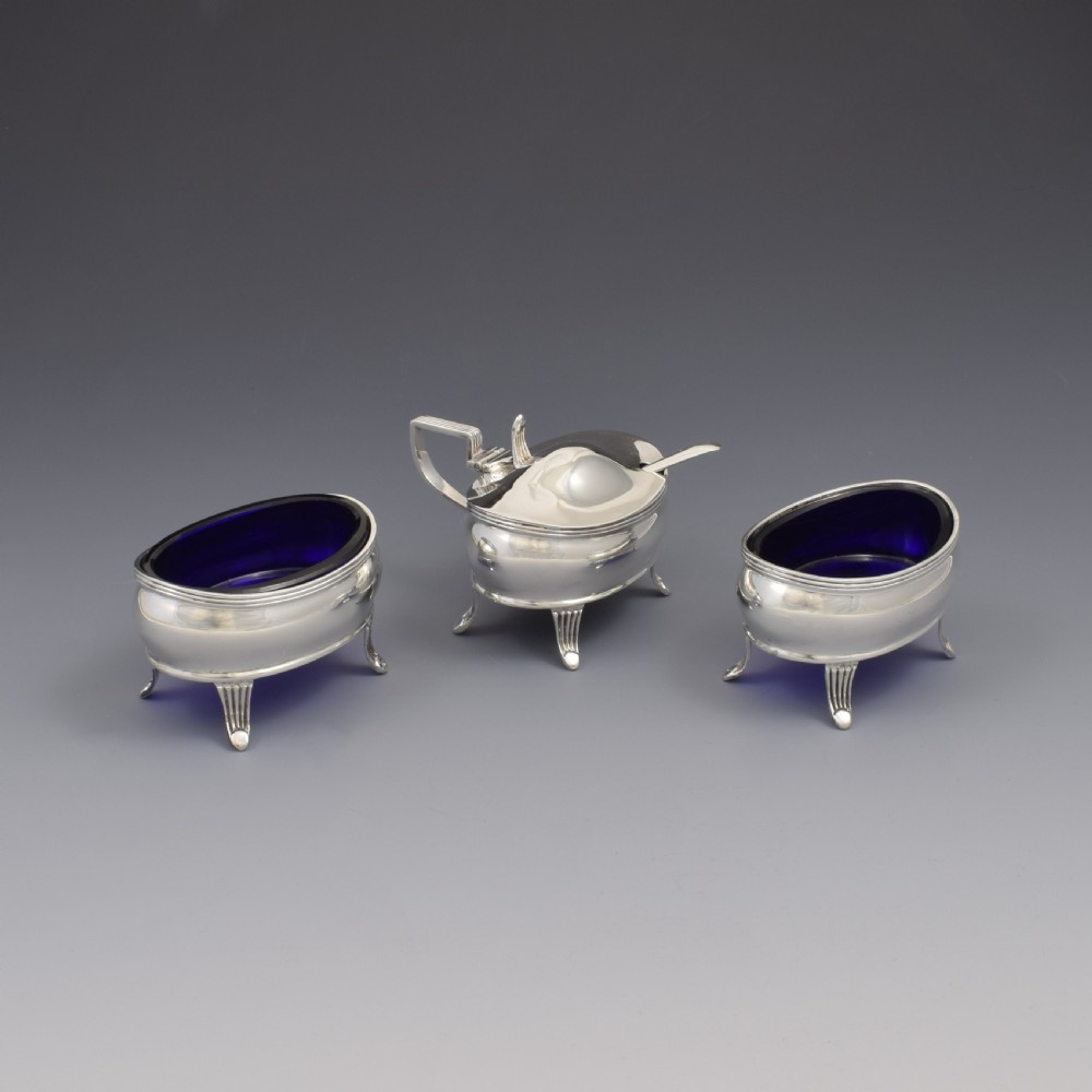 Edwardian Three Piece Silver Cruet / Condiment Set Mustard Pot & Salts  View II