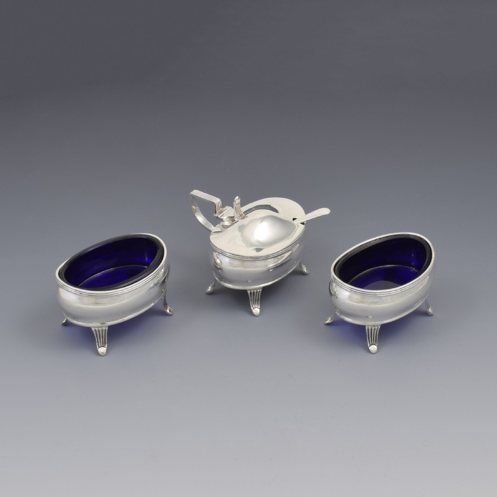 Edwardian Three Piece Silver Cruet / Condiment Set Mustard Pot & Salts  View III