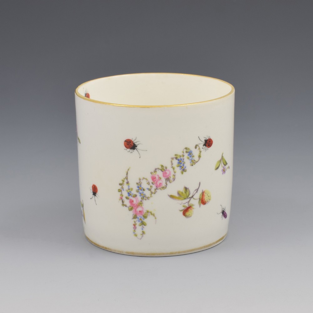 Pretty King Street Derby Porcelain Coffee Can Strawberries & Bugs 1916 Larcombe View II