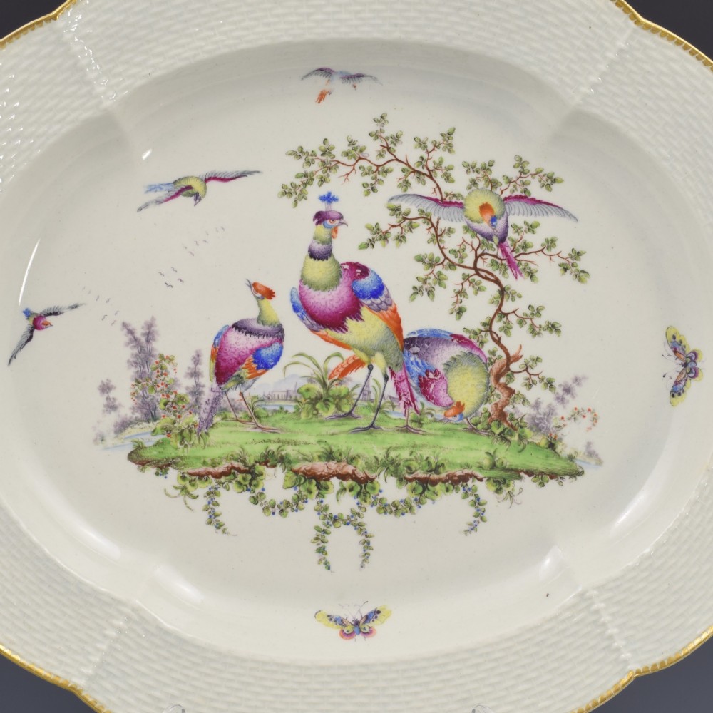 Large 30cm First Period Worcester Porcelain Fancy Birds Dessert Dish c.1770-1775 View II