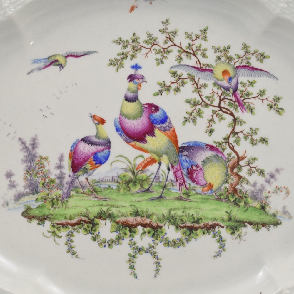 Large 30cm First Period Worcester Porcelain Fancy Birds Dessert Dish c.1770-1775 View III