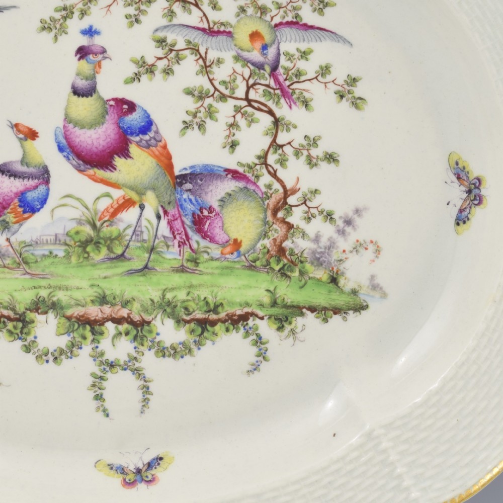 Large 30cm First Period Worcester Porcelain Fancy Birds Dessert Dish c.1770-1775 View V