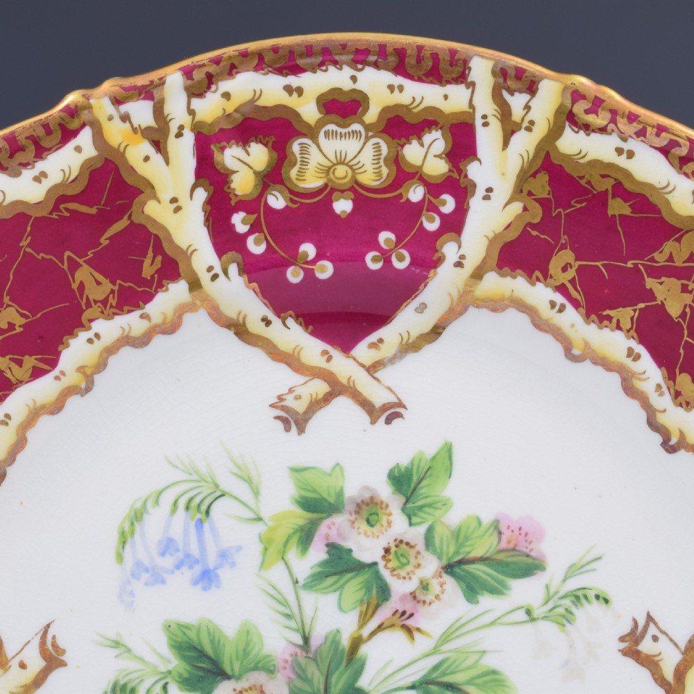 A circular Samuel Alcock porcelain dessert plate featuring a hand-painted botanical floral centre framed by a burgundy and gilt border. View III