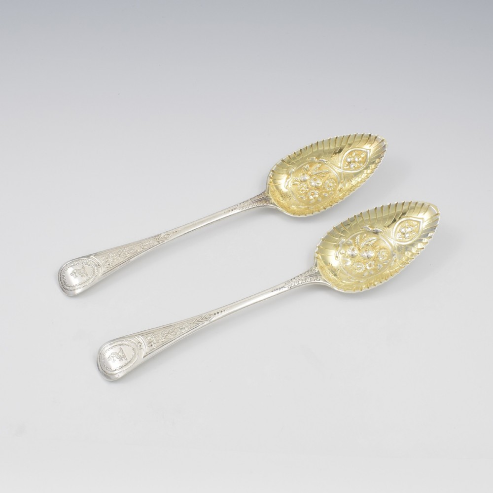 Stunning Pair Of Georgian Parcel Gilt Silver Berry Serving Spoons