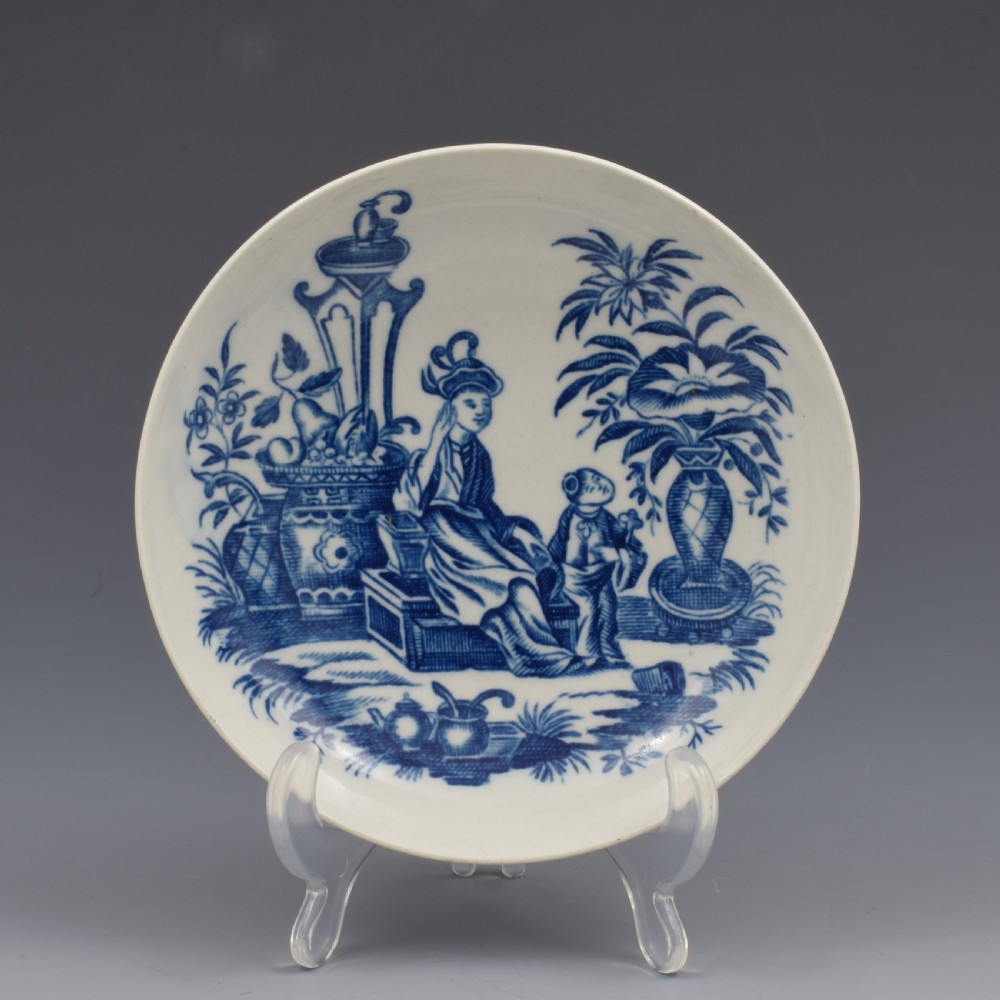 First Period Worcester Blue & White Porcelain Saucer Mother & Child c.1775