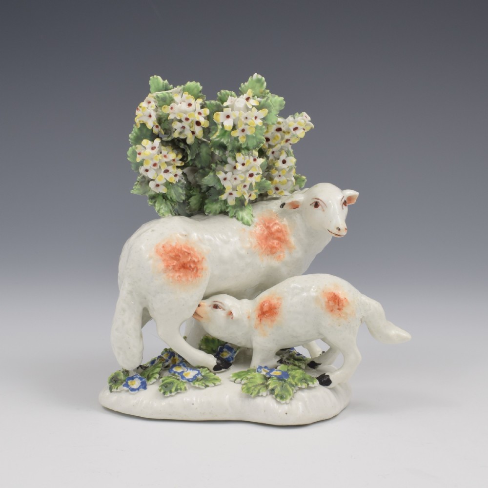 Rare Derby Porcelain Bocage Figure Ewe Suckling A Lamb c.1760