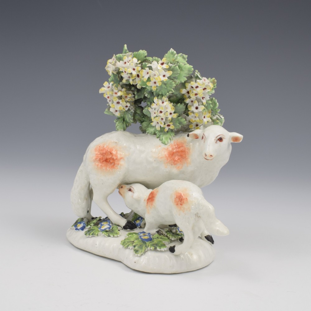 Rare Derby Porcelain Bocage Figure Ewe Suckling A Lamb c.1760 View II