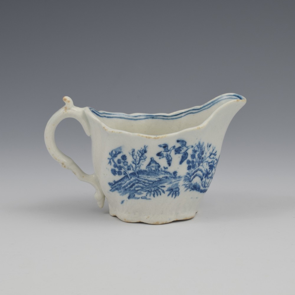Caughley Porcelain Blue & White Fence Low Chelsea Ewer Cream Boat c.1780 View V