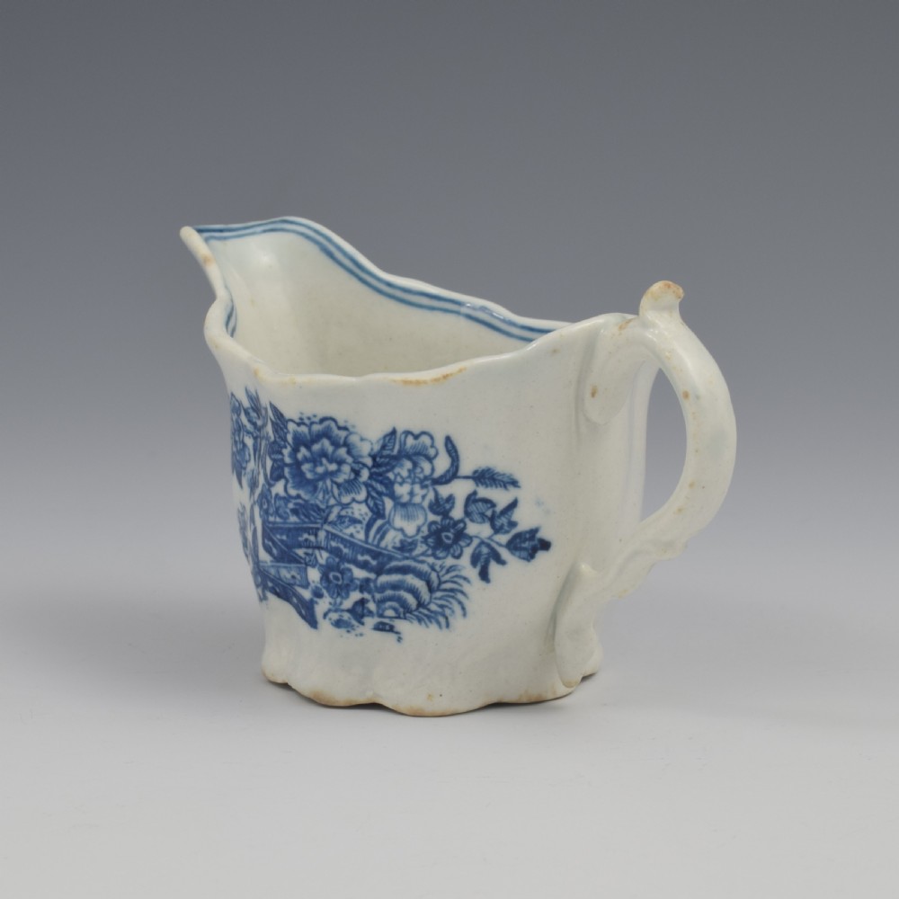 Caughley Porcelain Blue & White Fence Low Chelsea Ewer Cream Boat c.1780 View VIII