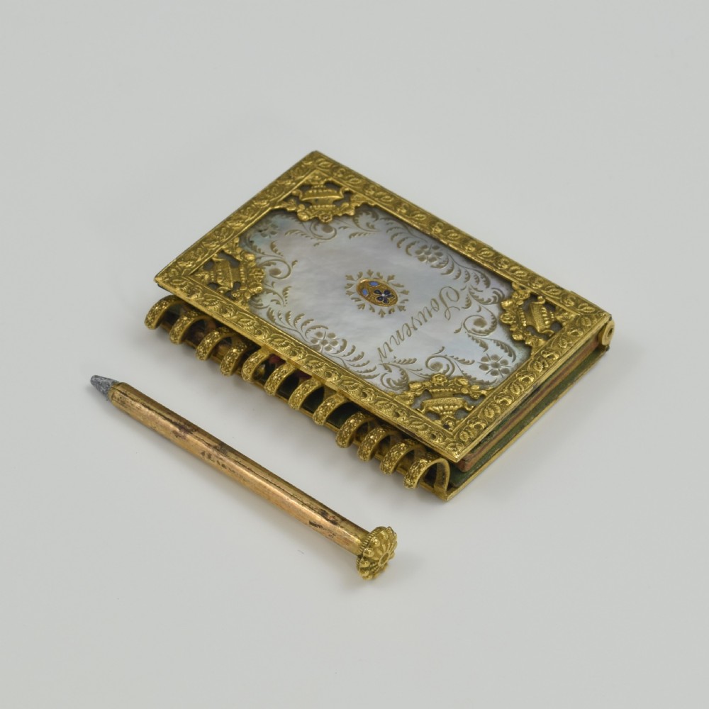 Stunning French Palais Royal Ormolu & Mother Of Pearl Notebook / Aide Memoire c.1820 View III