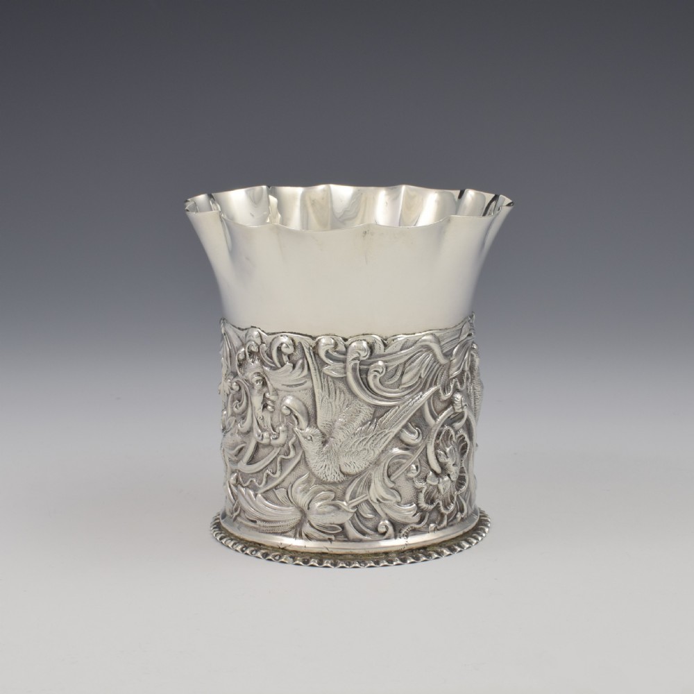 Stunning Art Nouveau Embossed Birds Silver Frill Vase / Pen Pot William Comyns 1892 View II
