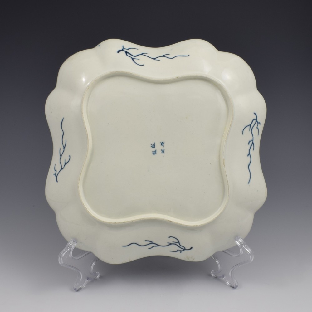 Rare Large First Period Worcester Porcelain Rubber Tree Plant Square Dessert Dish c.1775 View IV