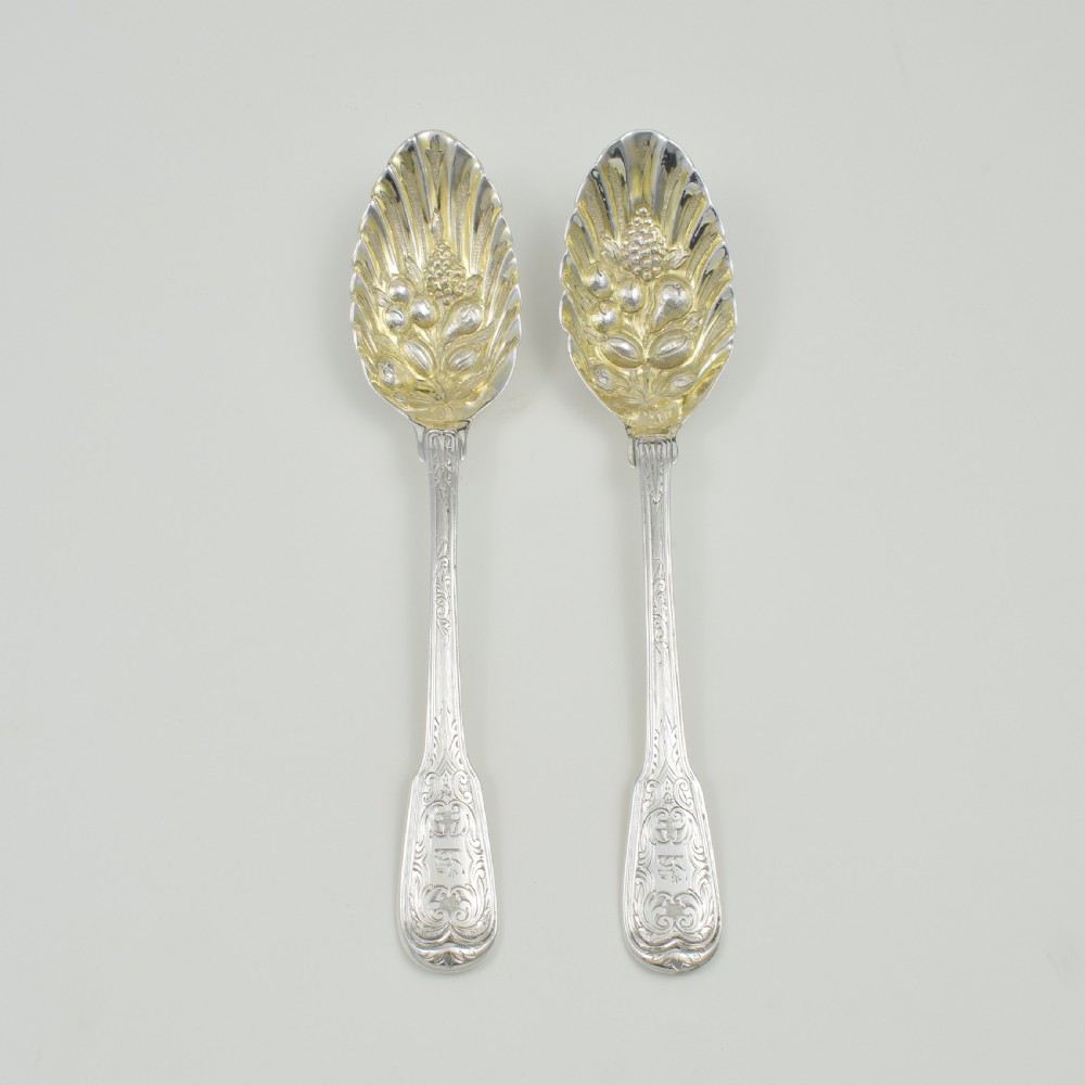 Pair Georgian Irish Silver Berry Serving Spoons Dublin 1773 George III View II