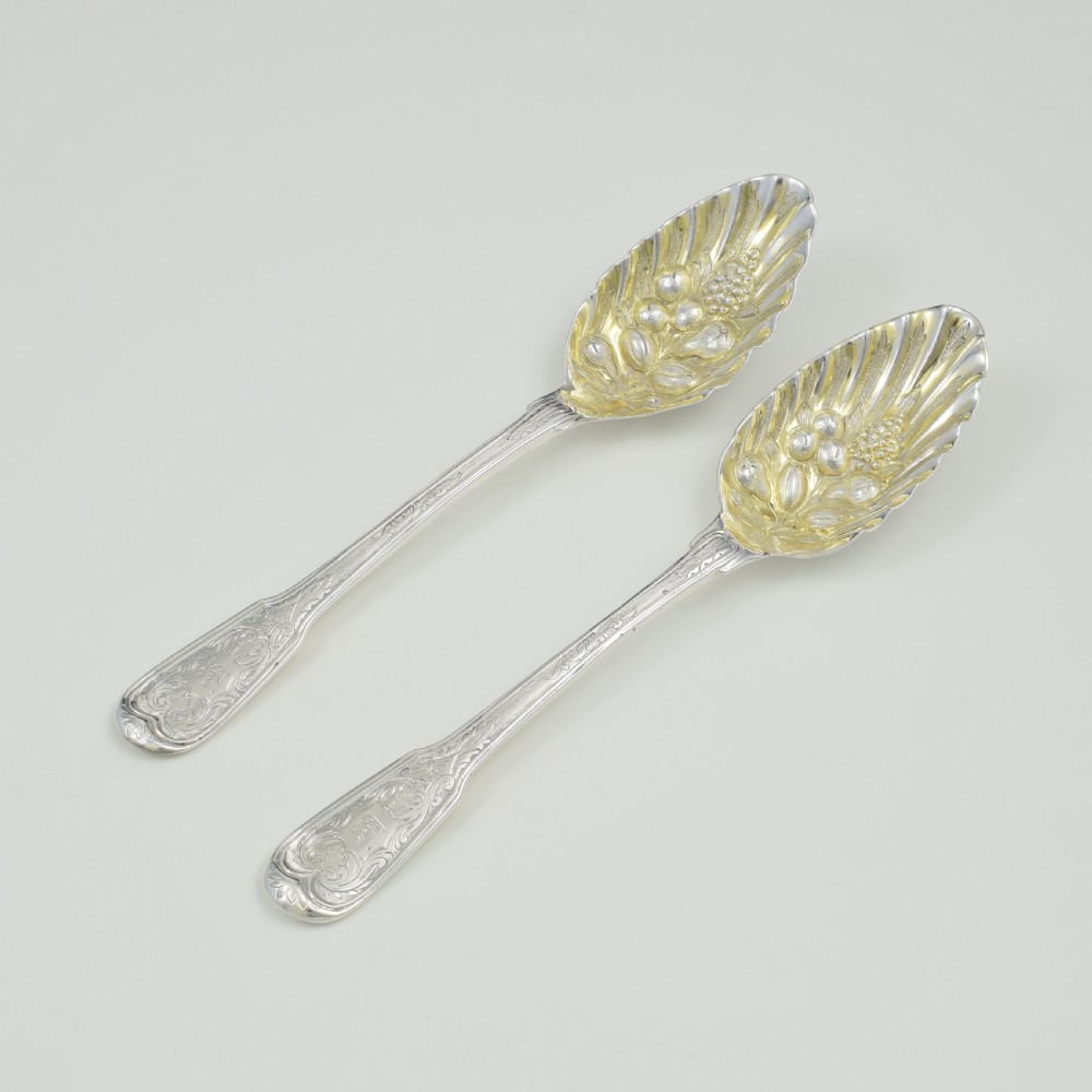 Pair Georgian Irish Silver Berry Serving Spoons Dublin 1773 George III View III