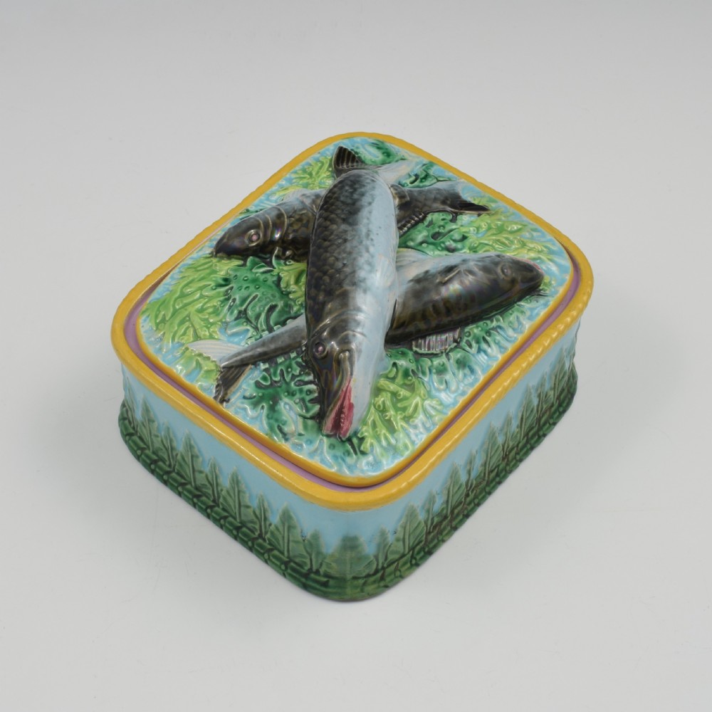 Stunning George Jones Majolica Turquoise Sardine Box & Cover c.1875