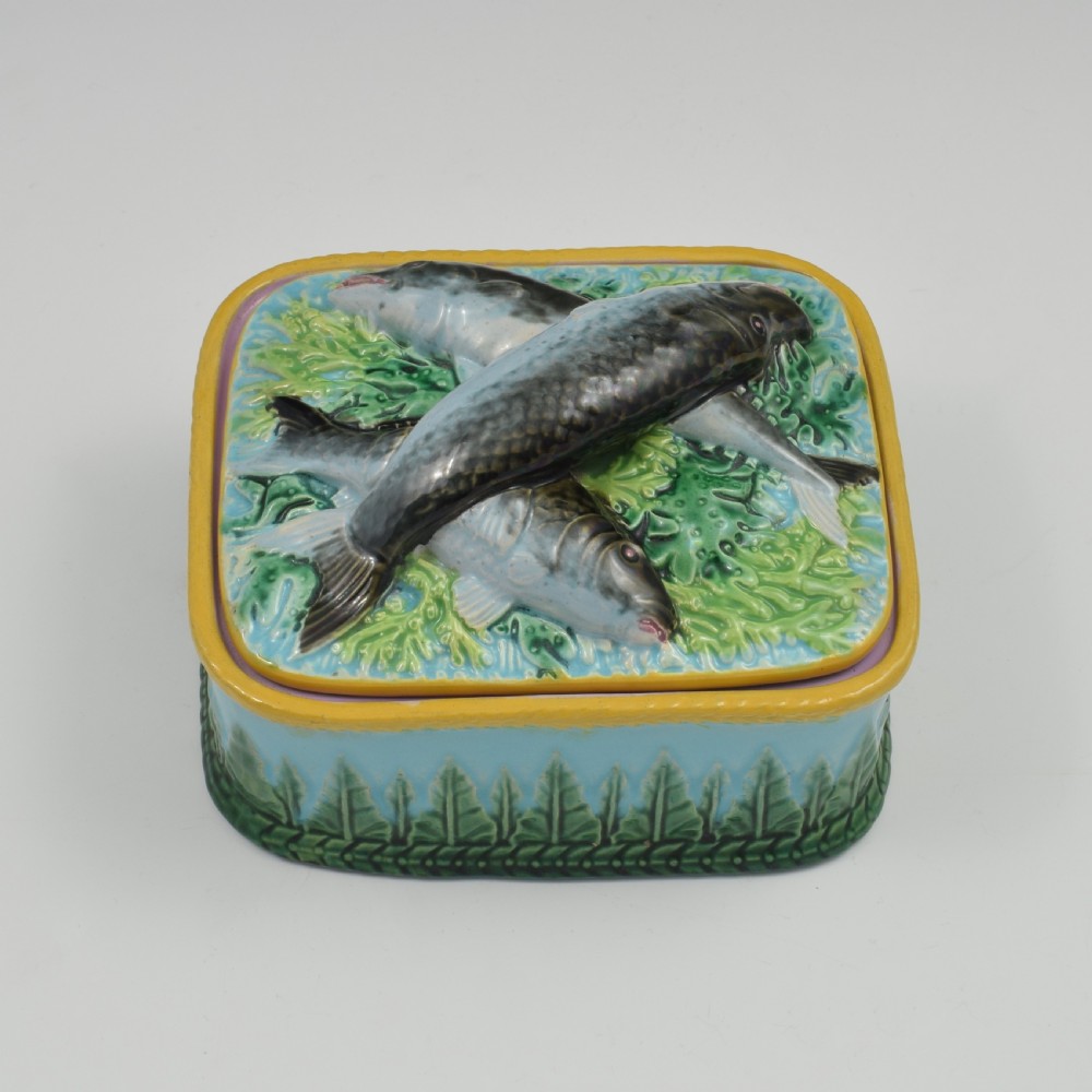Stunning George Jones Majolica Turquoise Sardine Box & Cover c.1875 View V