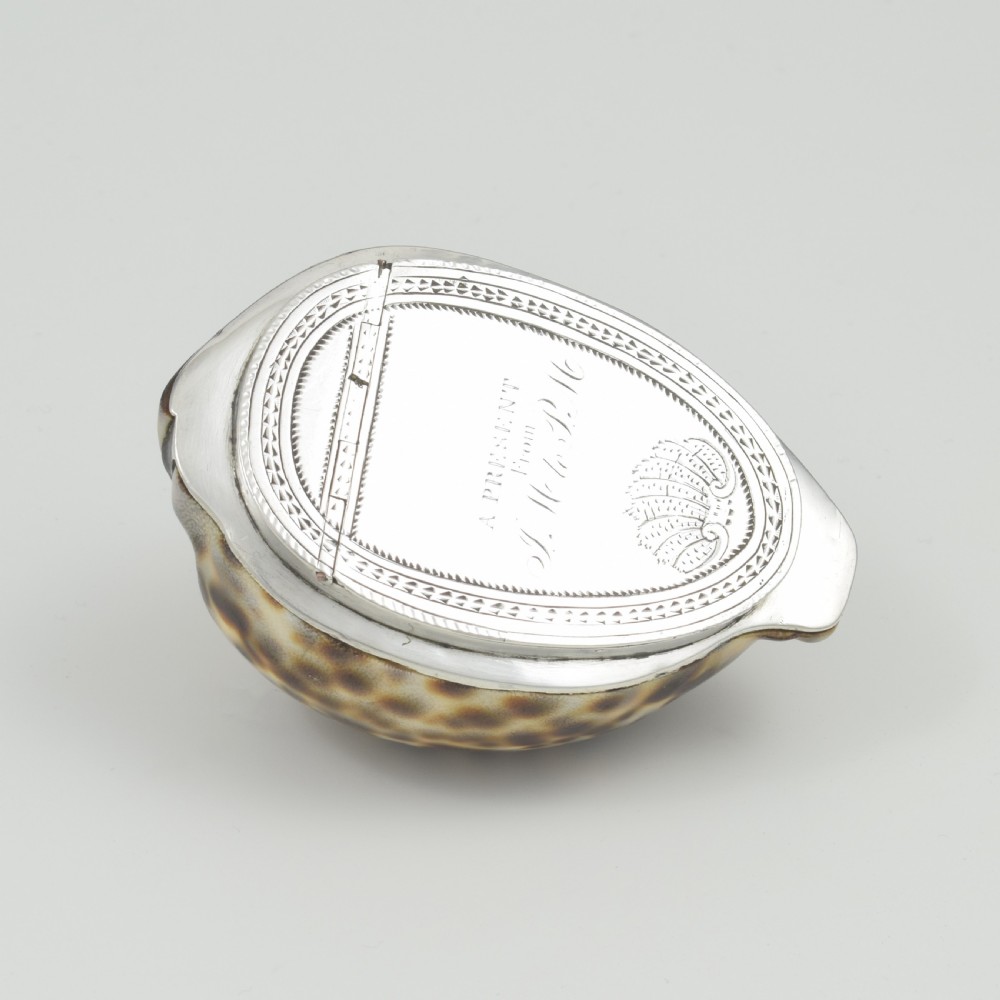 Stunning Rare Georgian Silver Mounted Cowrie Shell Snuff Box c.1800