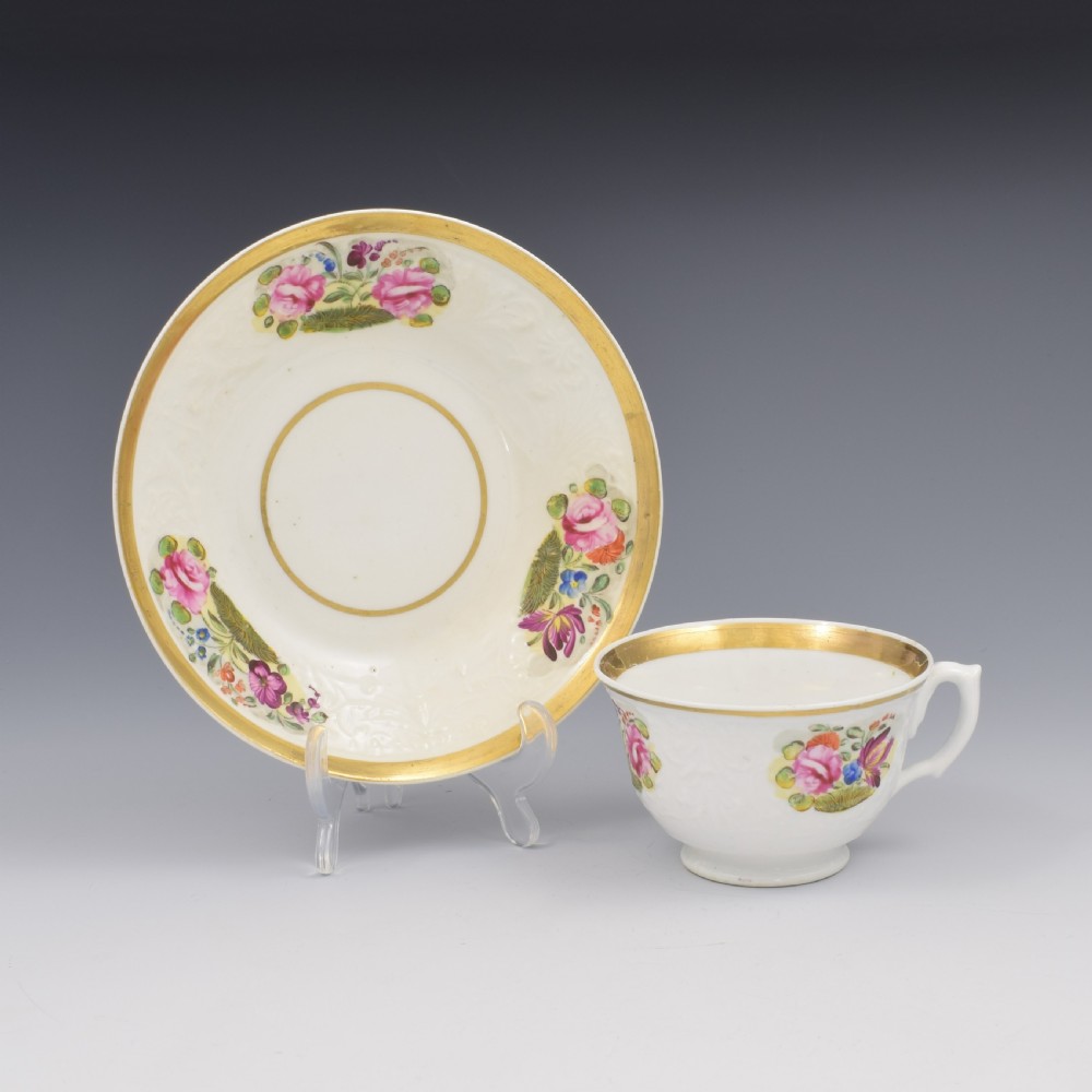 Pretty New Hall Porcelain Press Moulded Cup & Saucer c.1825