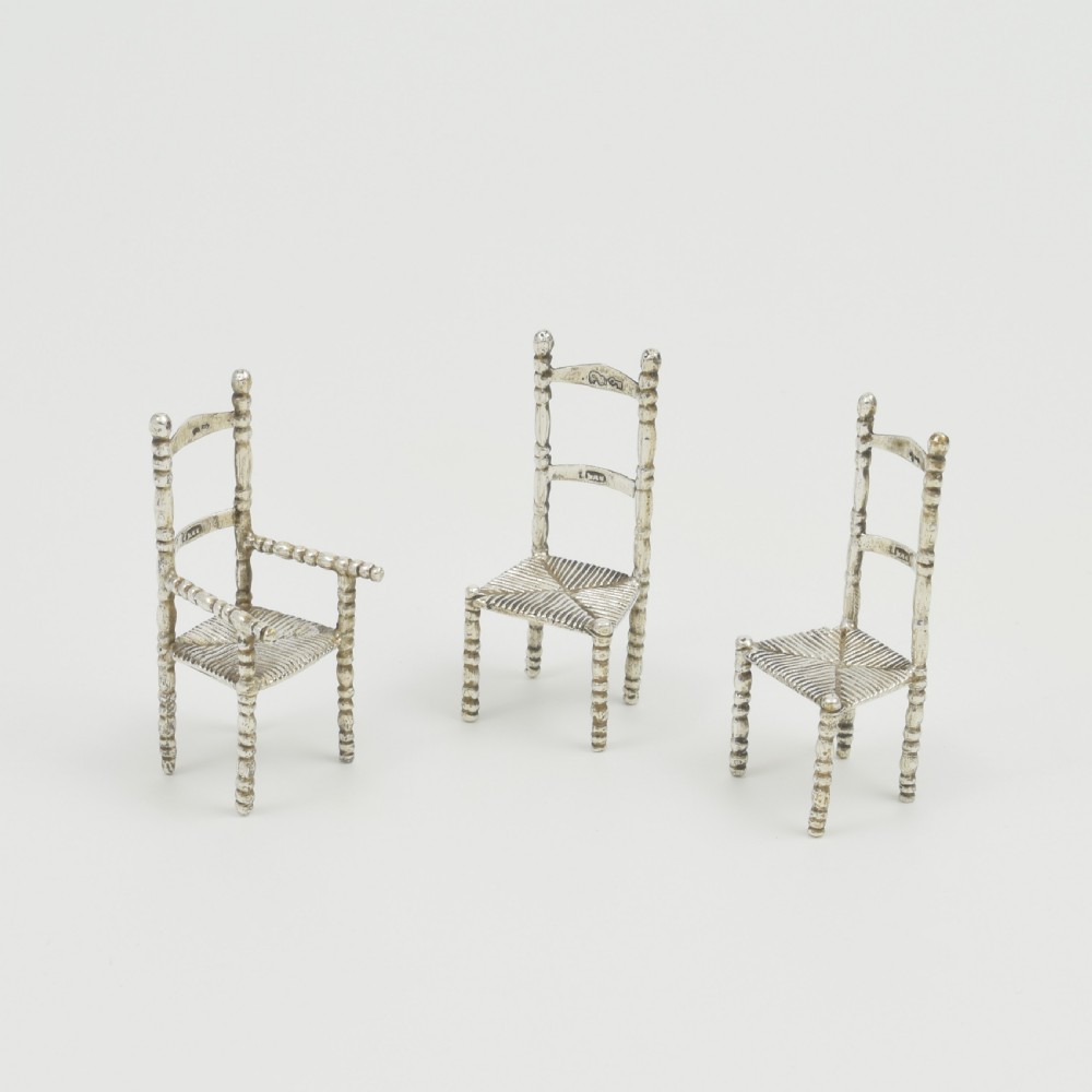 Set Of Antique Dutch Miniature Silver Chairs / Doll's House Furniture 