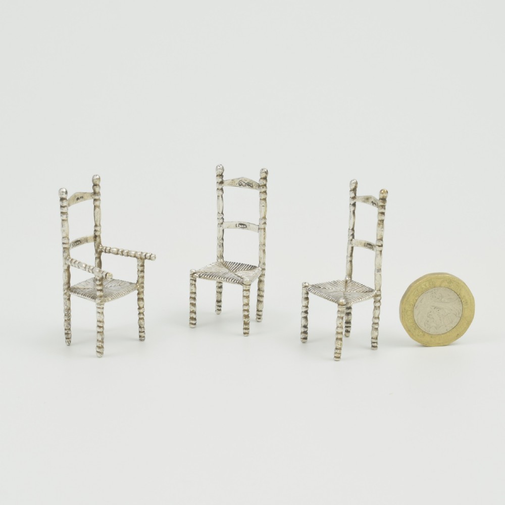 Set Of Antique Dutch Miniature Silver Chairs / Doll's House Furniture  View II