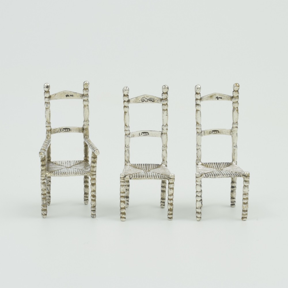 Set Of Antique Dutch Miniature Silver Chairs / Doll's House Furniture  View III