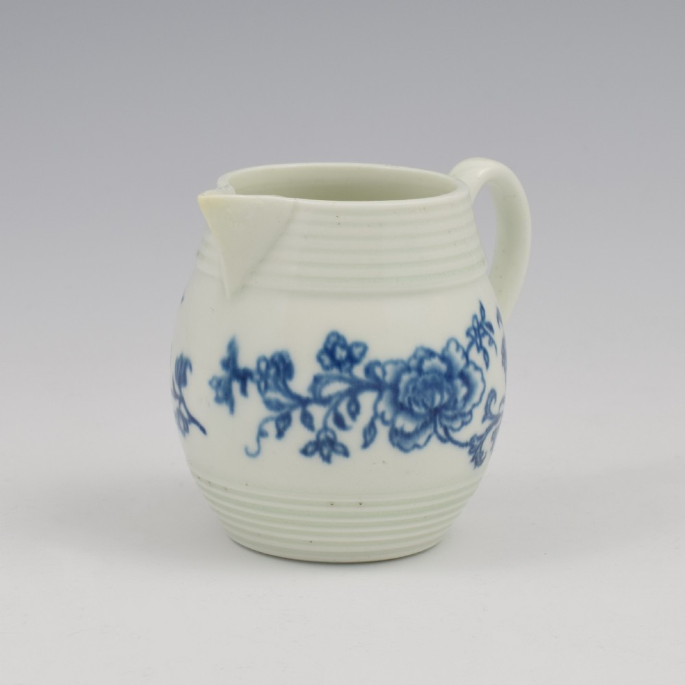 Rare Early Worcester Porcelain Blue & White Early Peony Print Cream Jug c.1758 View IV