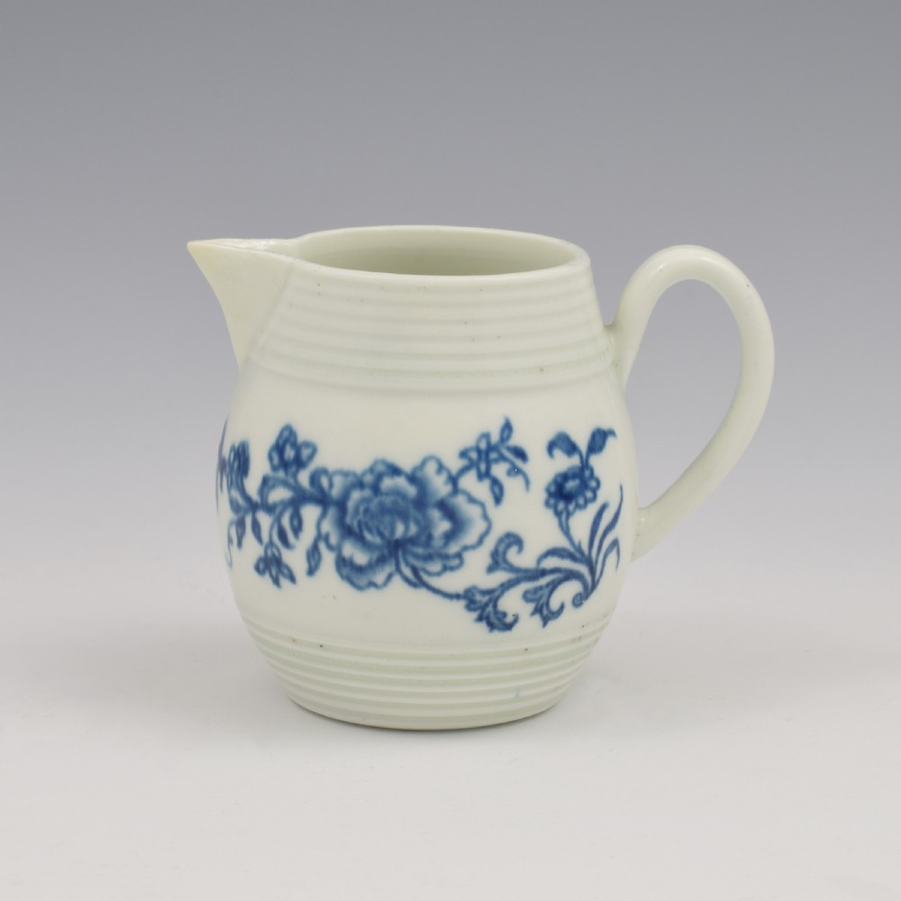 Rare Early Worcester Porcelain Blue & White Early Peony Print Cream Jug c.1758 View V