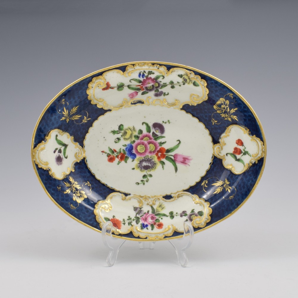 Lovely First Period Worcester Porcelain Blue Scale & Floral Oval Dish c.1770