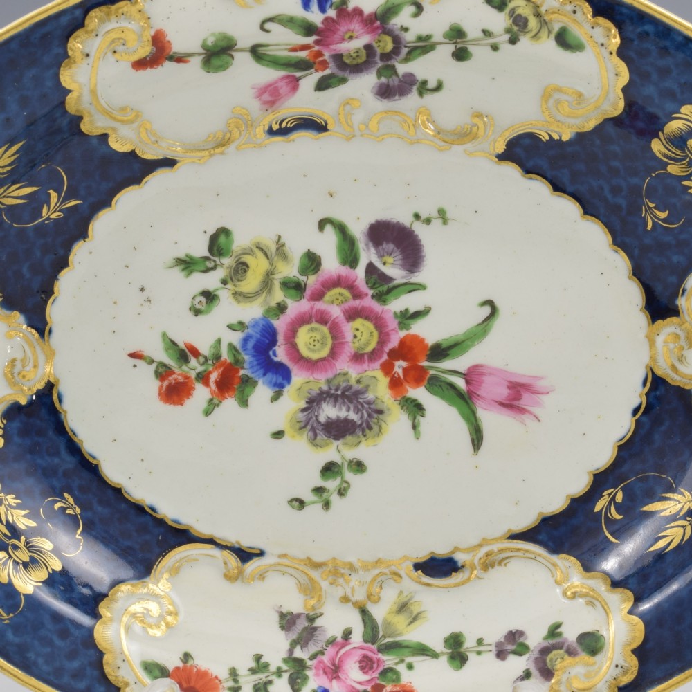 Lovely First Period Worcester Porcelain Blue Scale & Floral Oval Dish c.1770 View II