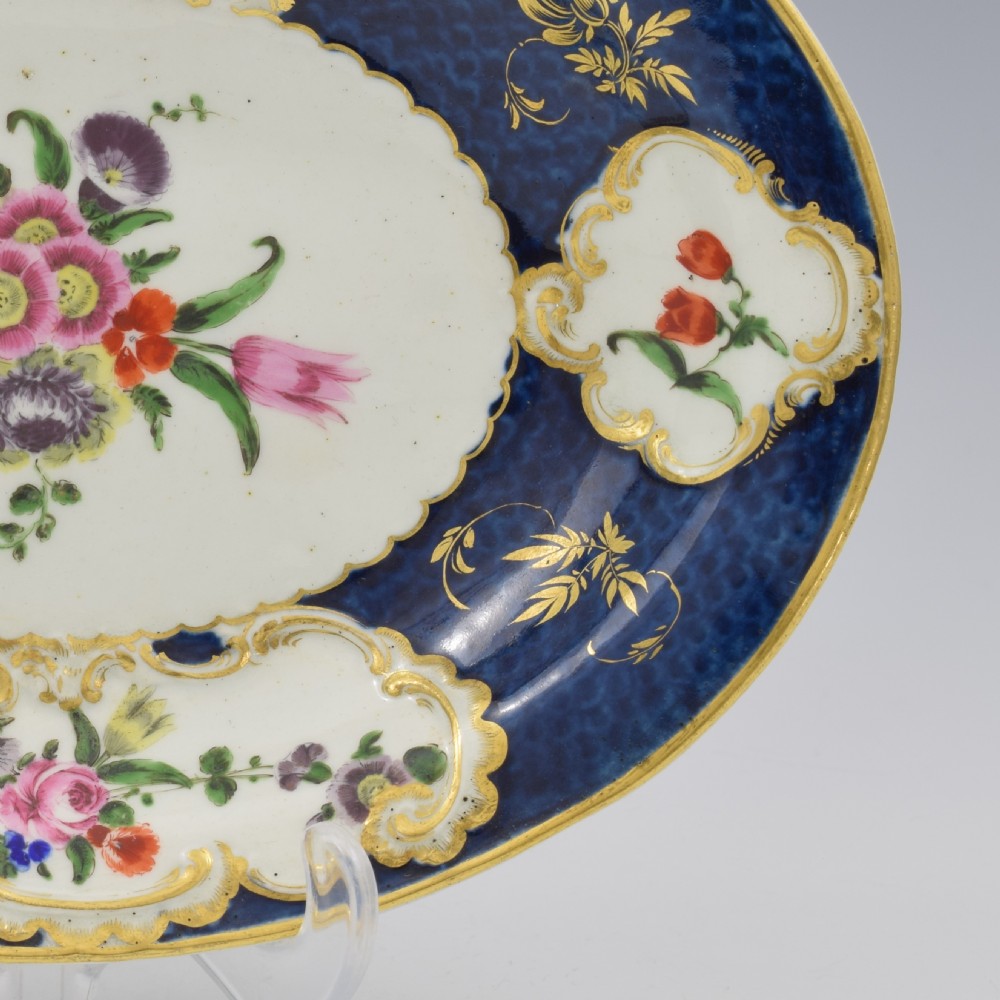 Lovely First Period Worcester Porcelain Blue Scale & Floral Oval Dish c.1770 View III