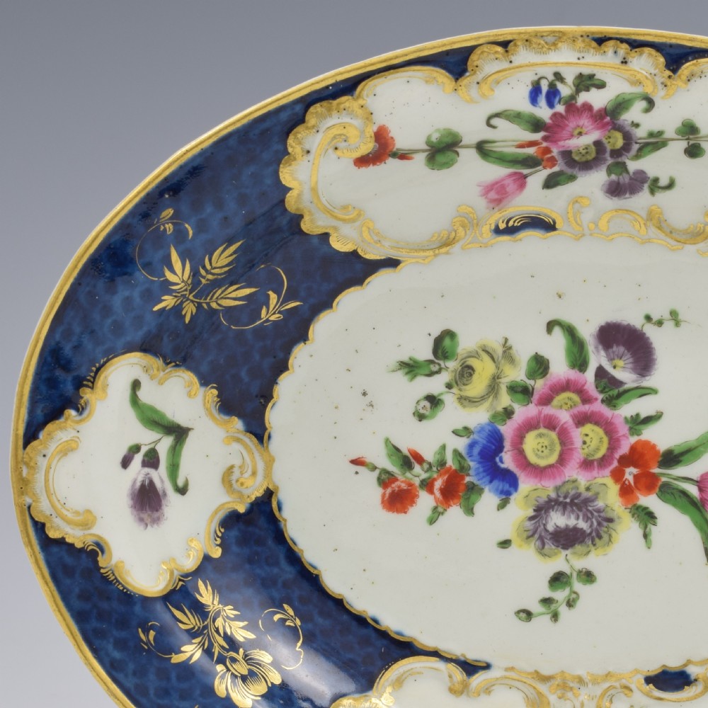 Lovely First Period Worcester Porcelain Blue Scale & Floral Oval Dish c.1770 View IV