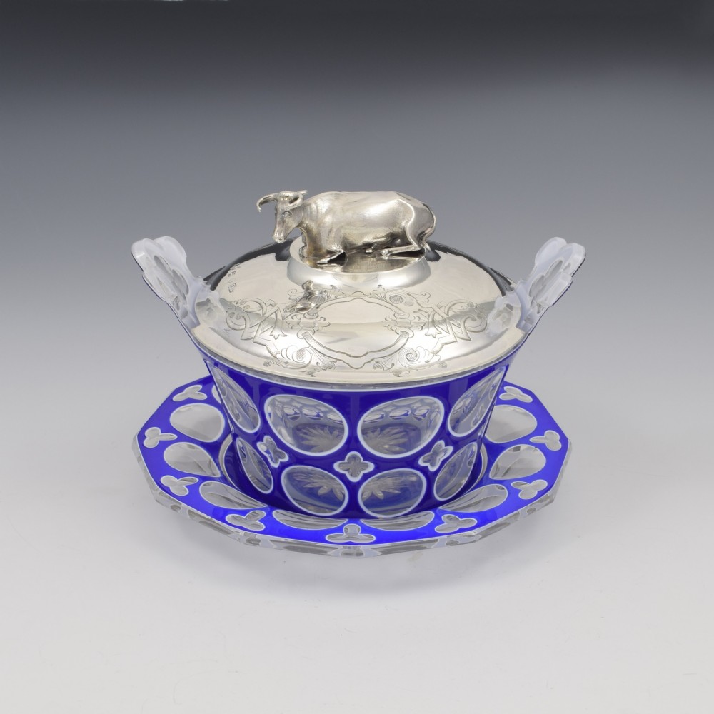 Stunning Rare Early Victorian Sterling Silver Cow & Blue & White Glass Butter Dish c.1840