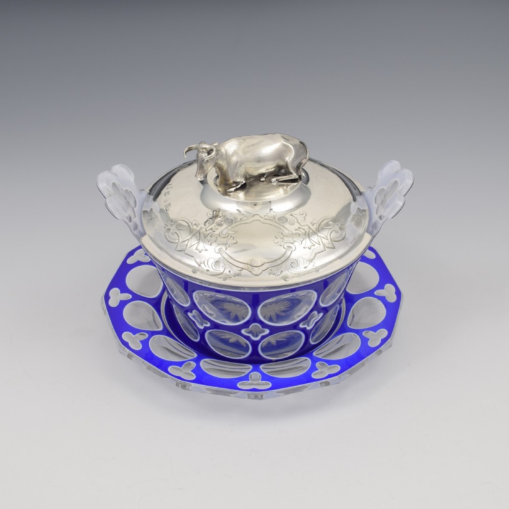 Stunning Rare Early Victorian Sterling Silver Cow & Blue & White Glass Butter Dish c.1840 View II