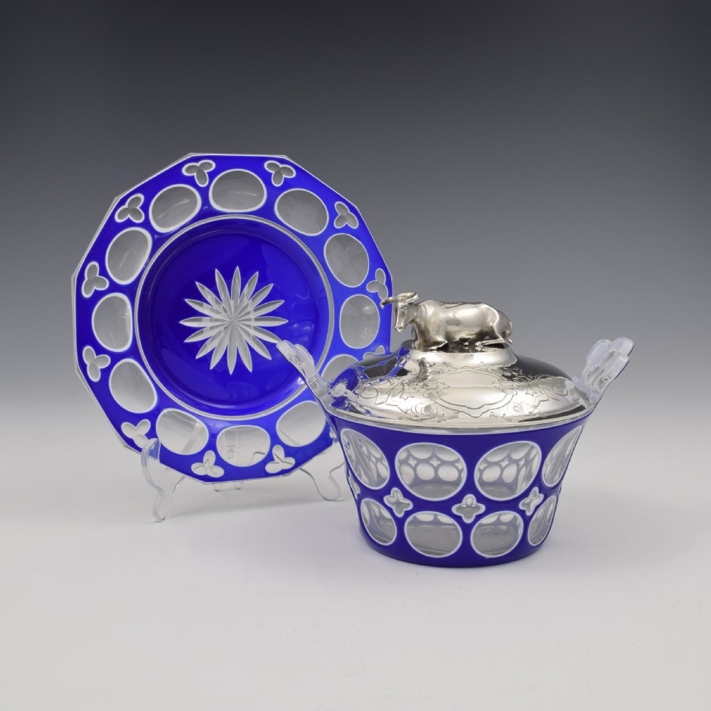 Stunning Rare Early Victorian Sterling Silver Cow & Blue & White Glass Butter Dish c.1840 View III
