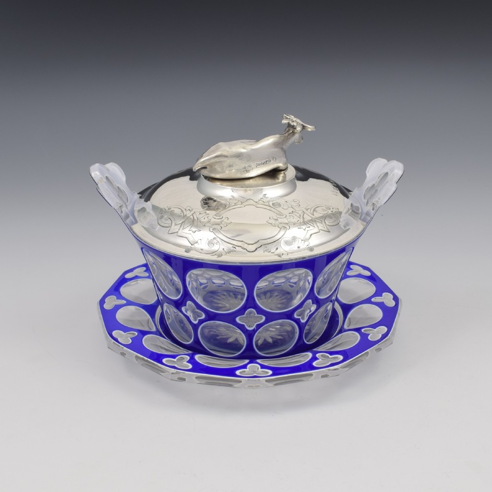 Stunning Rare Early Victorian Sterling Silver Cow & Blue & White Glass Butter Dish c.1840 View V