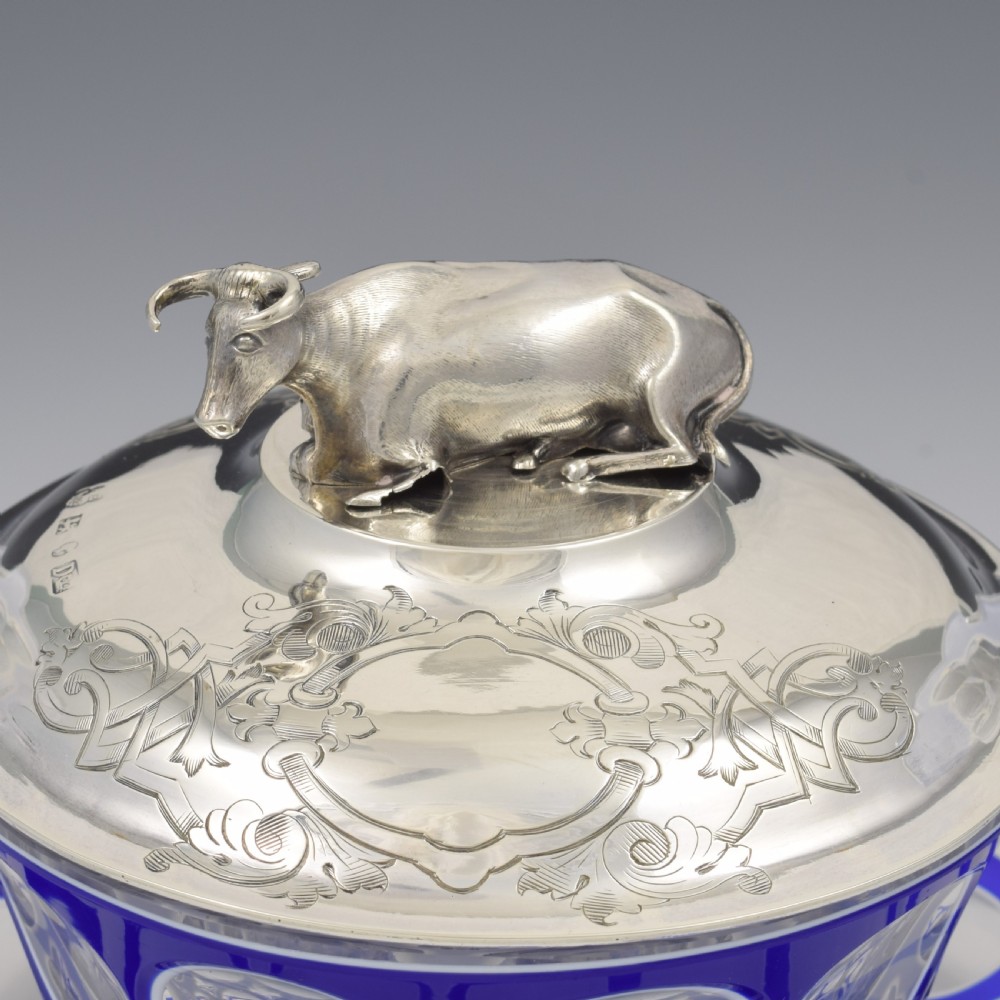 Stunning Rare Early Victorian Sterling Silver Cow & Blue & White Glass Butter Dish c.1840 View VI