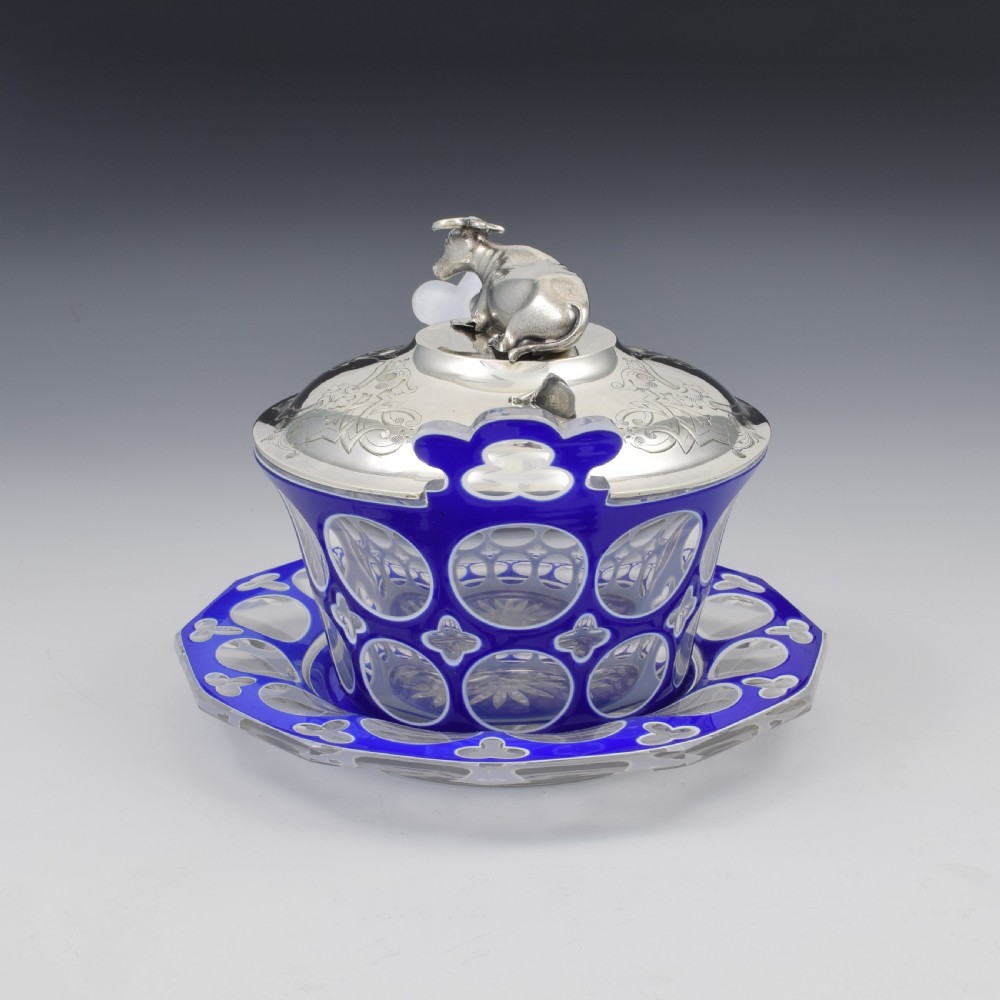 Stunning Rare Early Victorian Sterling Silver Cow & Blue & White Glass Butter Dish c.1840 View VII