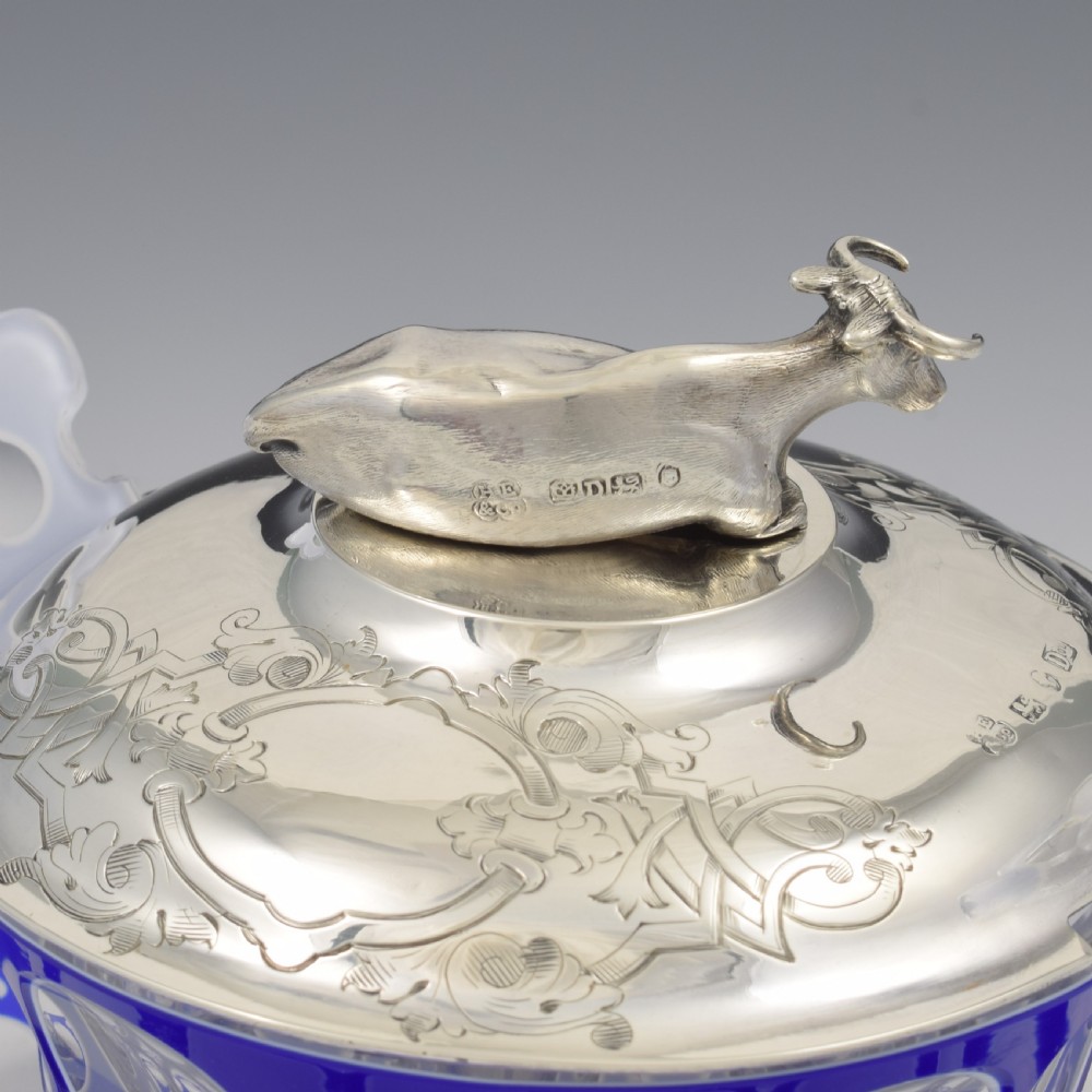 Stunning Rare Early Victorian Sterling Silver Cow & Blue & White Glass Butter Dish c.1840 View VIII