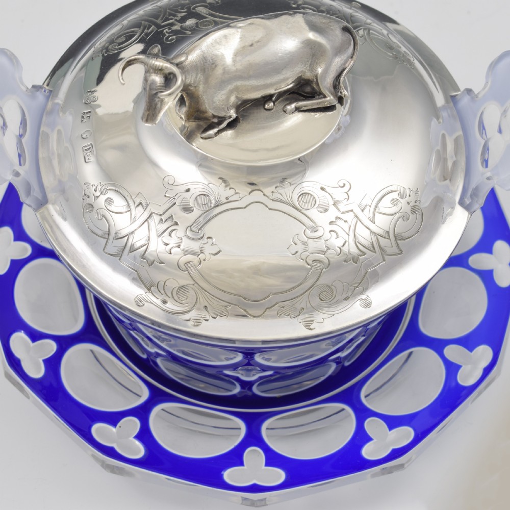 Stunning Rare Early Victorian Sterling Silver Cow & Blue & White Glass Butter Dish c.1840 View XVII